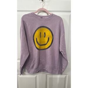 Sweet Claire Smiley Face Crew Neck Purple Oversized Sweatshirt, S/M